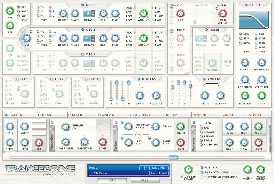 Alt text: Screenshot of a virtual synthesizer software interface with various knobs, sliders, and buttons for sound modulation including sections labeled OSC 1, OSC 2, OSC 3, FILTER, LFO 1-3, MOD ENV, AMP ENV, GATER, CHORUS, PHASER, FLANGER, DISTORTION, DELAY, REVERB, 3B-EQ, and STEREO. The preset "PD Xavier" is loaded, as indicated at the bottom.