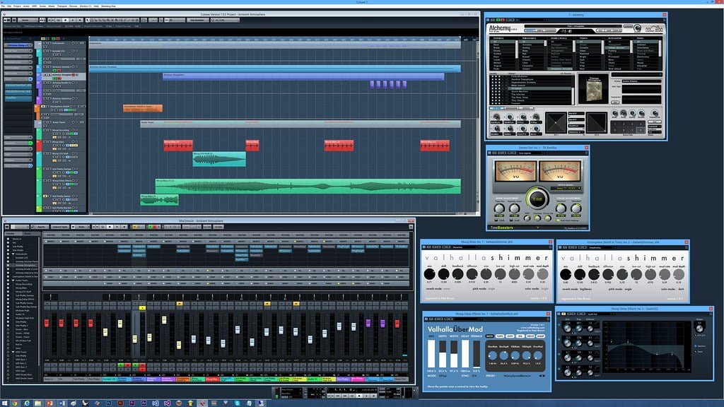 Screenshot of a digital audio workstation (DAW) interface with multiple open plugin windows for sound editing and music production.