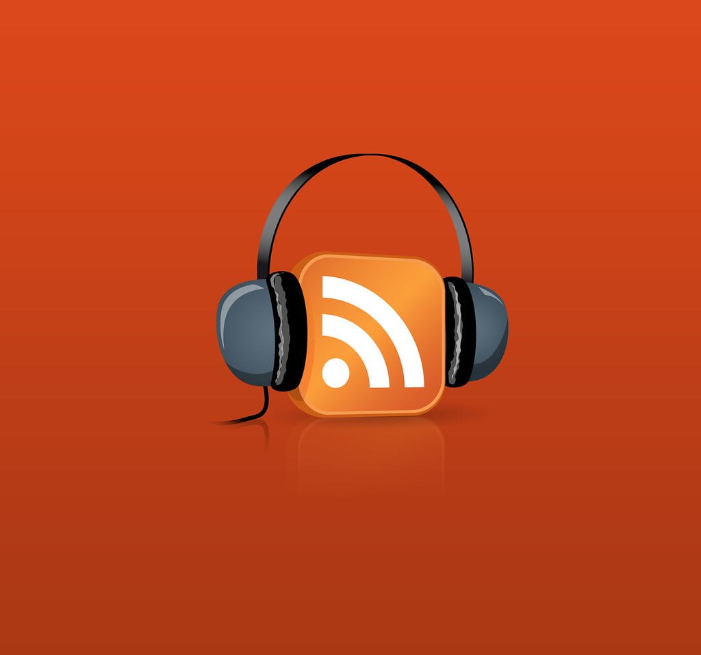 An orange square icon with white RSS feed symbol, wearing black over-ear headphones, set against an orange background.