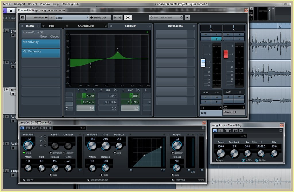 A screenshot of a digital audio workstation (DAW) software interface showing various audio processing plugins, including equalizers, dynamics processing, and effects, with graphical visualizations of audio signals and plugin parameters.