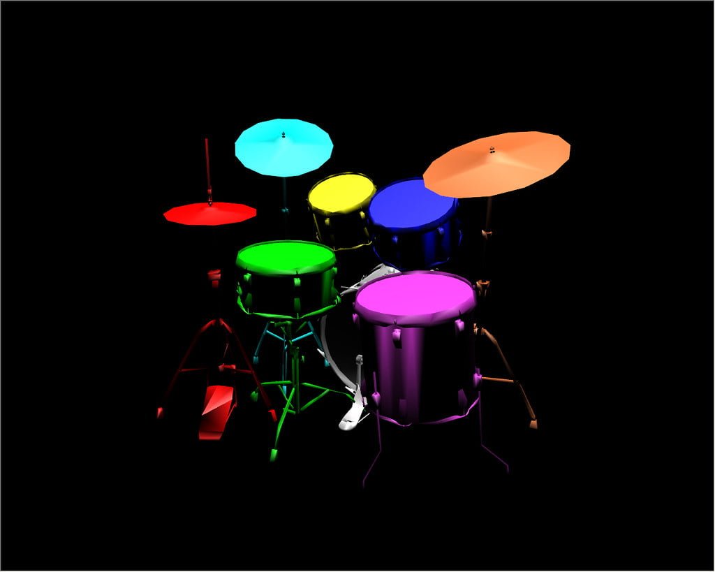 A colorful drum set with fluorescent-colored drums and cymbals on a black background.