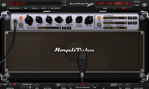 Digital interface rendering of an AmpliTube guitar amplifier software with various control knobs for bass, mid, treble, presence, reverb, and volume, along with a graphic equalizer, input/output levels, and a selection of cab models and mics.