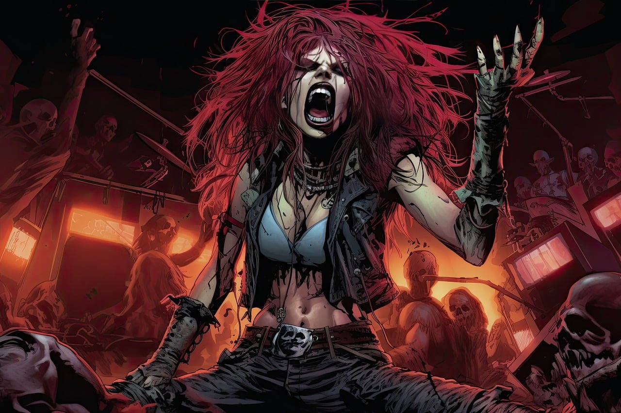 A fierce woman with long red hair and torn clothing screams passionately amidst chaos and flames, with zombie-like figures in the background.