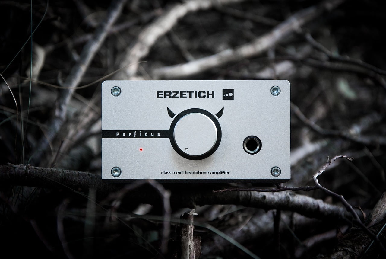 A portable Erzetich Perfidus class-A evil headphone amplifier placed on a natural background of twigs and branches.