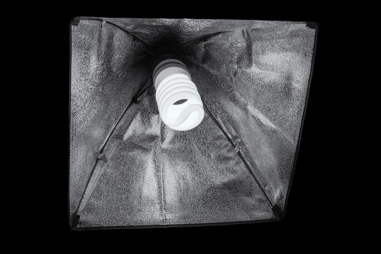 A spiral CFL light bulb mounted in a square softbox with reflective interior, on a black background.