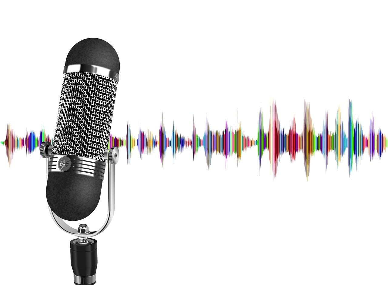 A classic studio microphone on the left with a colorful sound wave pattern extending to the right across a white background.