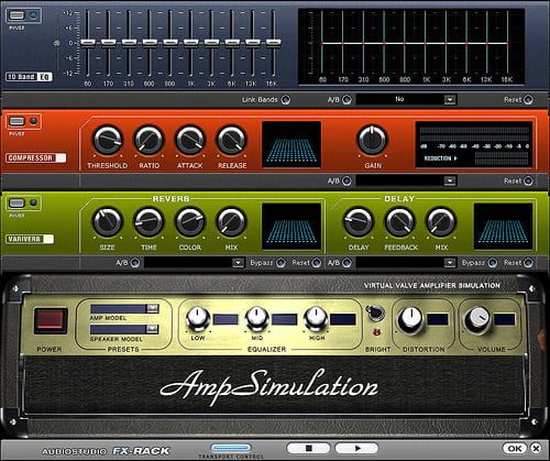 Digital graphic interface of an amp simulation software with various controls for compressor, equalizer, reverb, delay, and other audio effects, resembling physical audio hardware.