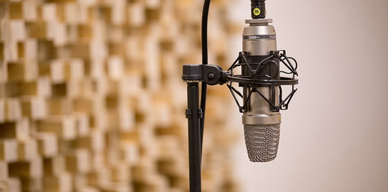 A professional microphone with a shock mount positioned on a mic stand in front of a blurred background of acoustic foam panels.