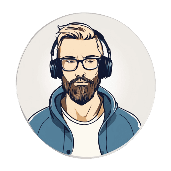 Illustration of a bearded man with glasses wearing headphones and a jacket over a t-shirt.